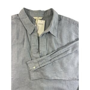 H&M Women's XL Linen Blend Popover Top Light Blue‎ Stripe Split Neck Coastal New